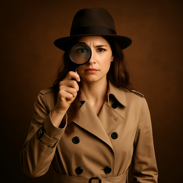 돋보기를 들고 진지한 표정으로 정면을 바라보는 여성 탐정의 촬영 사진